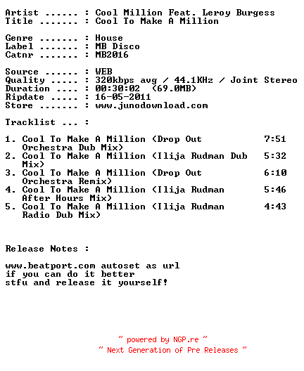 NFO for the release cool_million_feat._leroy_burgess-cool_to_make_a_million-(nfofix)-(mb2016)-web-2011 by 2011