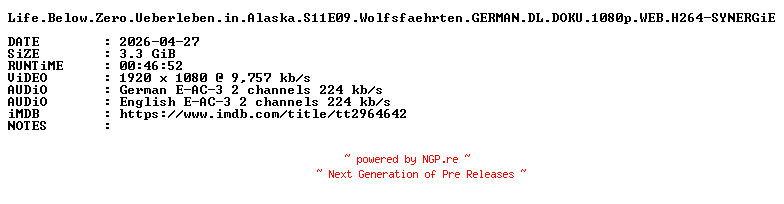NFO for the release Life.Below.Zero.Ueberleben.in.Alaska.S11E09.Wolfsfaehrten.GERMAN.DL.DOKU.1080p.WEB.H264-SYNERGiE by SYNERGiE