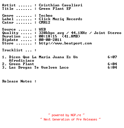NFO for the release cristhian_cavalieri-green_plant_ep-(cmr12)-nfofix-web-2011 by 2011