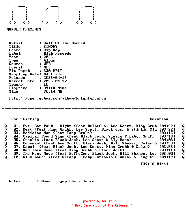 NFO for the release Cult_Of_The_Damned-SIMONY-WEB-2026-QUAVER by QUAVER