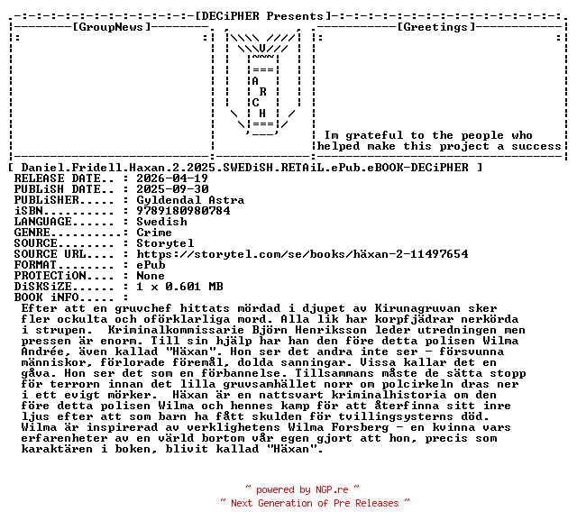 NFO for the release Daniel.Fridell.Haxan.2.2025.SWEDiSH.RETAiL.ePub.eBOOK-DECiPHER by DECiPHER