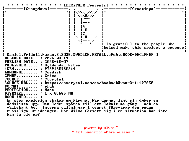 NFO for the release Daniel.Fridell.Haxan.3.2025.SWEDiSH.RETAiL.ePub.eBOOK-DECiPHER by DECiPHER