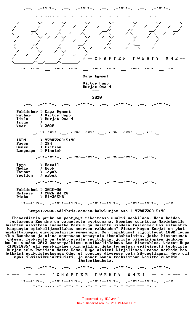 NFO for the release Victor.Hugo.-.Kurjat.Osa.4.2020.FINNISH.RETAIL.EPUB.eBook-CTO by CTO