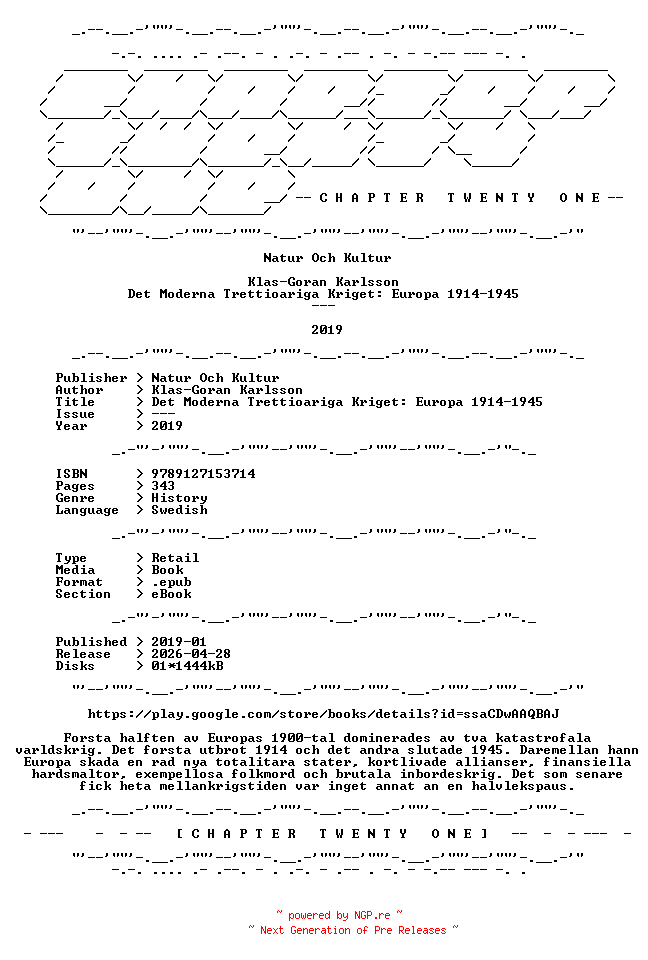 NFO for the release Klas-Goran.Karlsson.-.Det.Moderna.Trettioariga.Kriget.Europa.1914-1945.2019.SWEDISH.RETAIL.EPUB.eBook-CTO by CTO