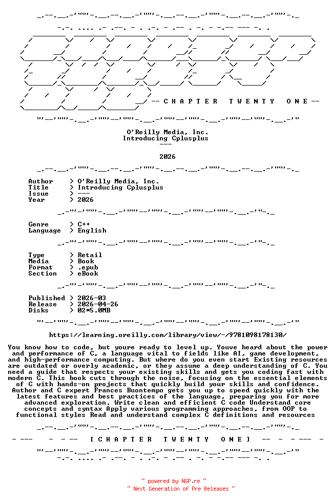 NFO for the release OReilly.Media.Inc.-.Introducing.Cplusplus.2026.RETAIL.EPUB.eBook-CTO by CTO