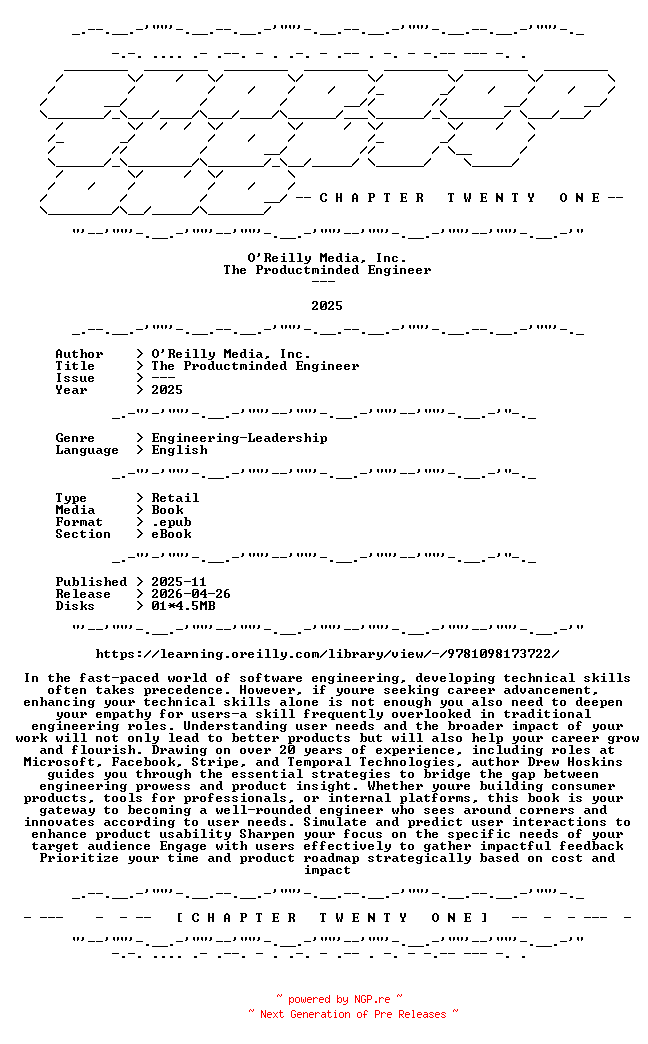 NFO for the release OReilly.Media.Inc.-.The.Productminded.Engineer.2025.RETAIL.EPUB.eBook-CTO by CTO