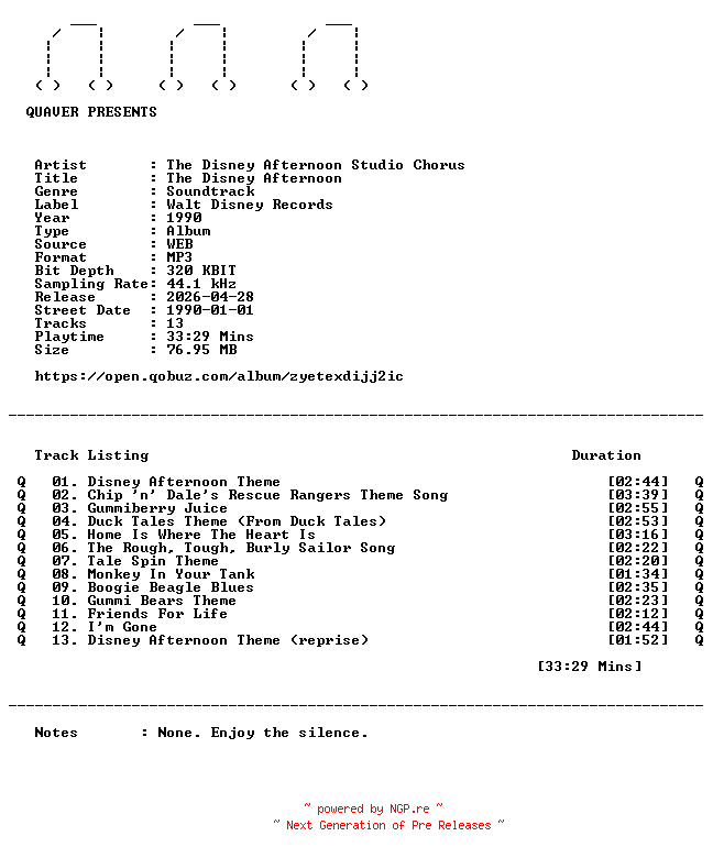 NFO for the release The_Disney_Afternoon_Studio_Chorus-The_Disney_Afternoon-OST-WEB-1990-QUAVER by QUAVER