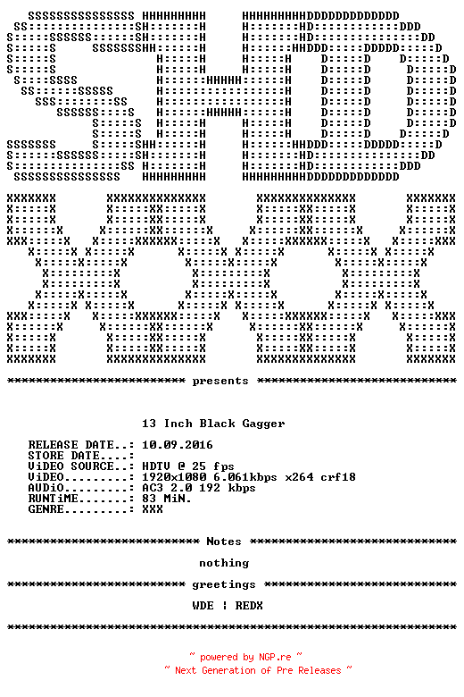 NFO for the release 13.Inch.Black.Gagger.XXX.2015.HDTV.1080p.x264.SAMPLEFiX-SHDXXX by SHDXXX