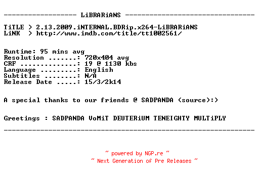 NFO for the release 2.13.2009.iNTERNAL.BDRip.x264-LiBRARiANS by LiBRARiANS