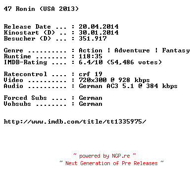 NFO for the release 47.Ronin.German.BDRiP.x264-EXQUiSiTE by EXQUiSiTE