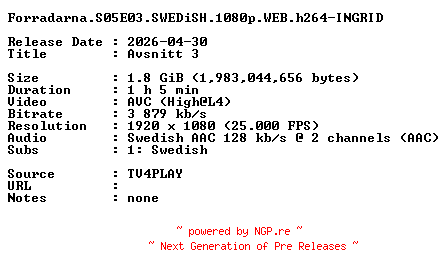 NFO for the release Forradarna.S05E03.SWEDiSH.1080p.WEB.h264-INGRID by INGRID
