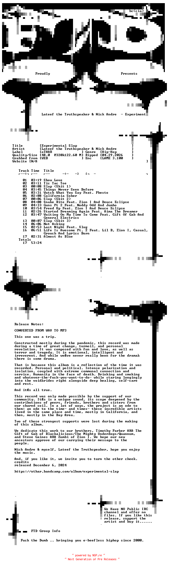 NFO for the release Lateef_the_Truthspeaker_and_Nick_Andre-Experimental_Slap-WEB-2024-FTD by FTD