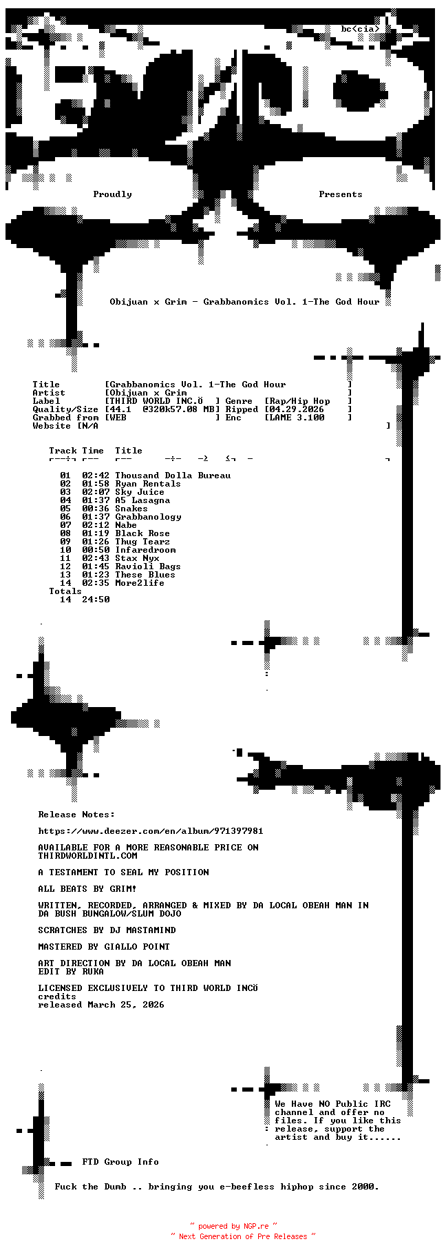 NFO for the release Obijuan_x_Grim-Grabbanomics_Vol._1-The_God_Hour-WEB-2026-FTD by FTD