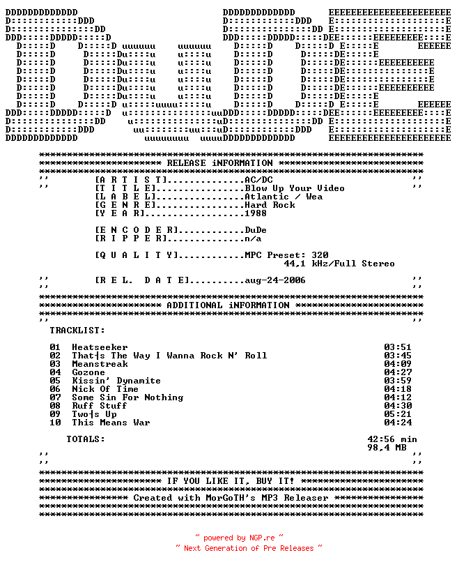 NFO for the release AC-DC-Blow_Up_Your_Video-1988-DuDE by DuDE