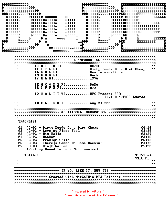 NFO for the release AC-DC-Dirty_Deeds_Done_Dirt_Cheap-1976-DuDE by DuDE