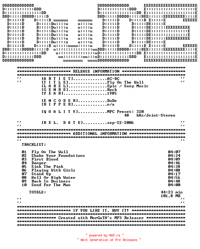 NFO for the release AC-DC-Fly_on_the_Wall-1985-DuDE by DuDE