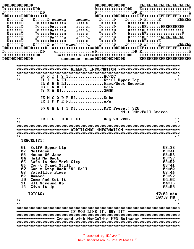 NFO for the release AC-DC-Stiff_Upper_Lip-2000-DuDE by DuDE