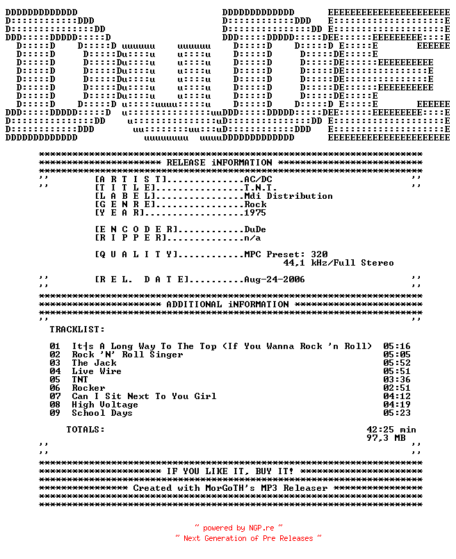 NFO for the release AC-DC-T.N.T.-1975-DuDE by DuDE