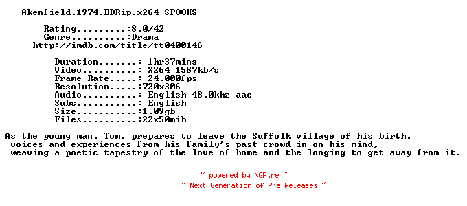 NFO for the release Akenfield.1974.BDRip.x264-SPOOKS by SPOOKS