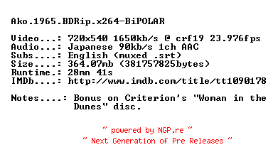 NFO for the release Ako.1965.BDRip.x264-BiPOLAR by BiPOLAR