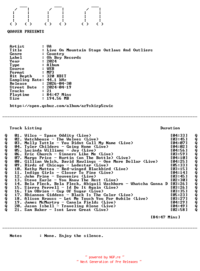 NFO for the release VA-Live_On_Mountain_Stage_Outlaws_And_Outliers-WEB-2024-QUAVER by QUAVER