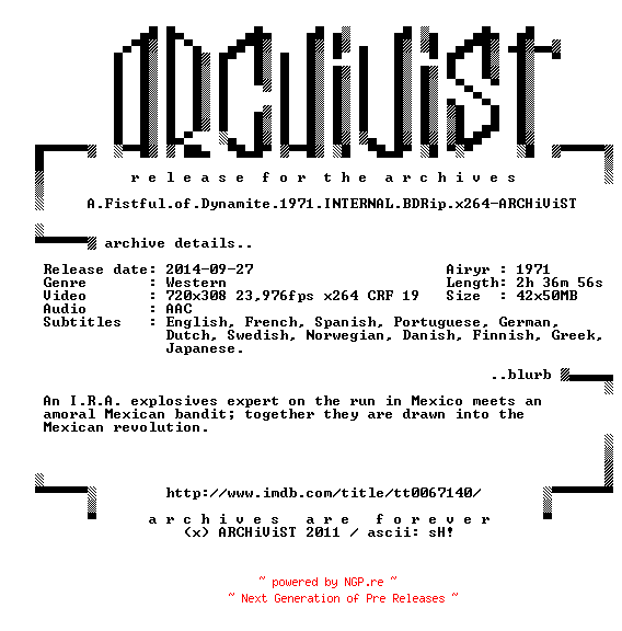 NFO for the release A.Fistful.of.Dynamite.1971.INTERNAL.BDRip.x264-ARCHiViST by ARCHiViST
