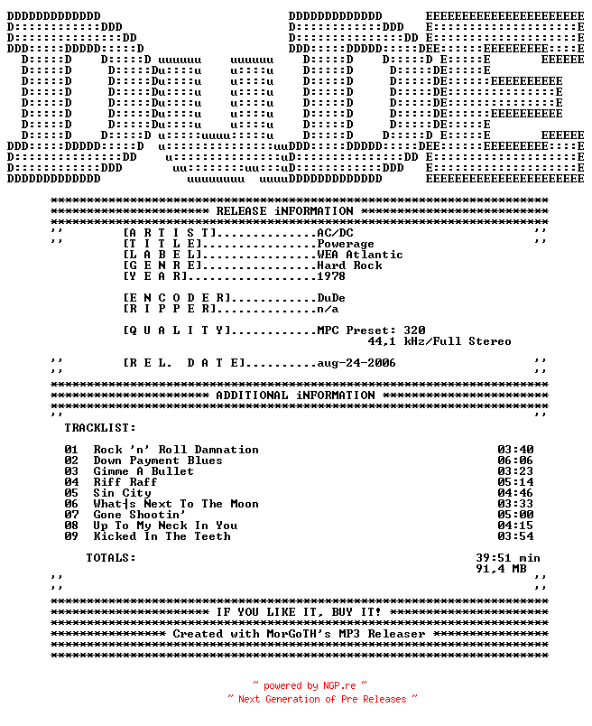 NFO for the release AC-DC-Powerage-1978-DuDE by DuDE