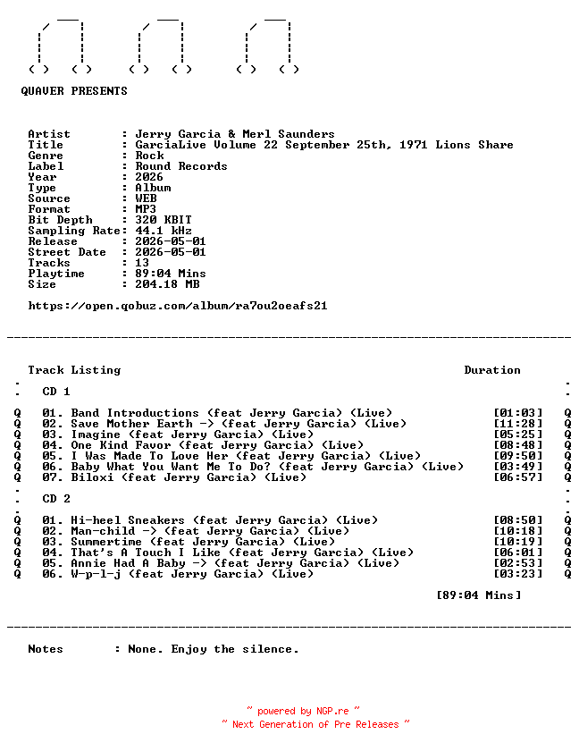 NFO for the release Jerry_Garcia_and_Merl_Saunders-GarciaLive_Volume_22_September_25th_1971_Lions_Share-WEB-2026-QUAVER by QUAVER