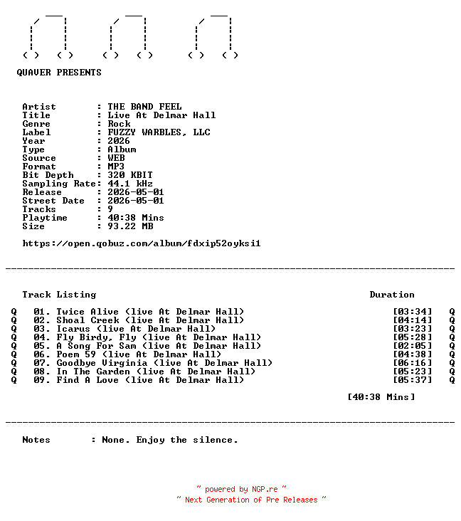 NFO for the release THE_BAND_FEEL-Live_At_Delmar_Hall-WEB-2026-QUAVER by QUAVER
