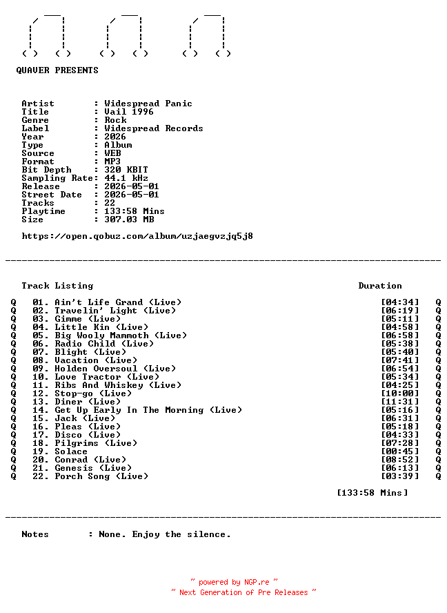 NFO for the release Widespread_Panic-Vail_1996-WEB-2026-QUAVER by QUAVER