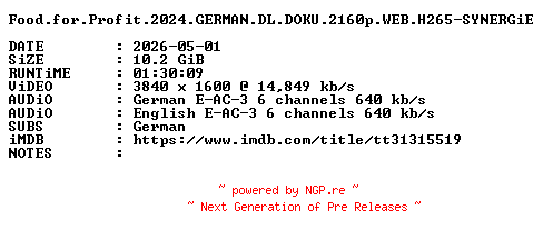 NFO for the release Food.for.Profit.2024.GERMAN.DL.DOKU.2160p.WEB.H265-SYNERGiE by SYNERGiE