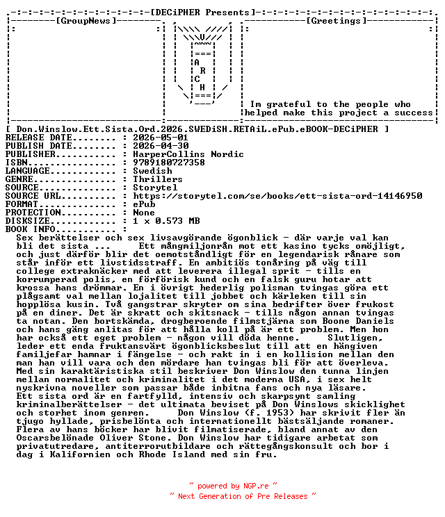 NFO for the release Don.Winslow.Ett.Sista.Ord.2026.SWEDiSH.RETAiL.ePub.eBOOK-DECiPHER by DECiPHER