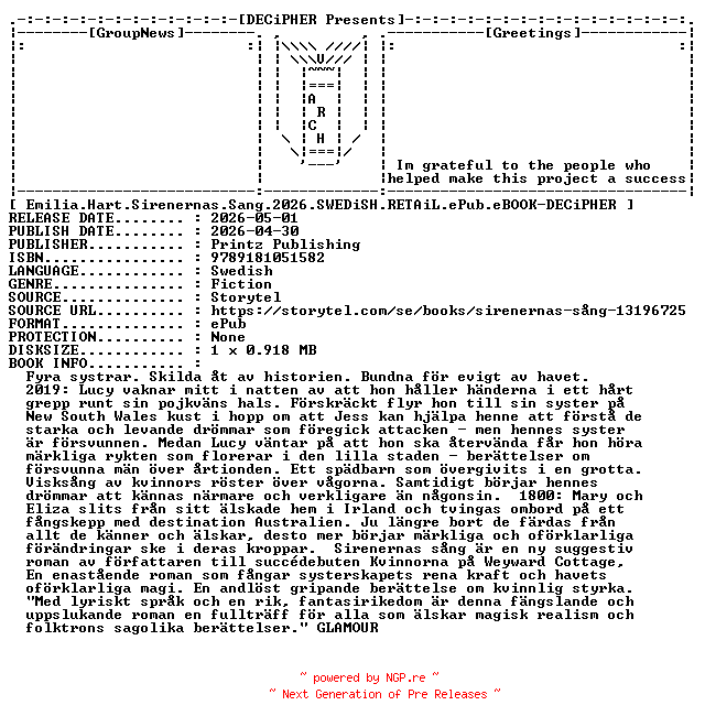 NFO for the release Emilia.Hart.Sirenernas.Sang.2026.SWEDiSH.RETAiL.ePub.eBOOK-DECiPHER by DECiPHER