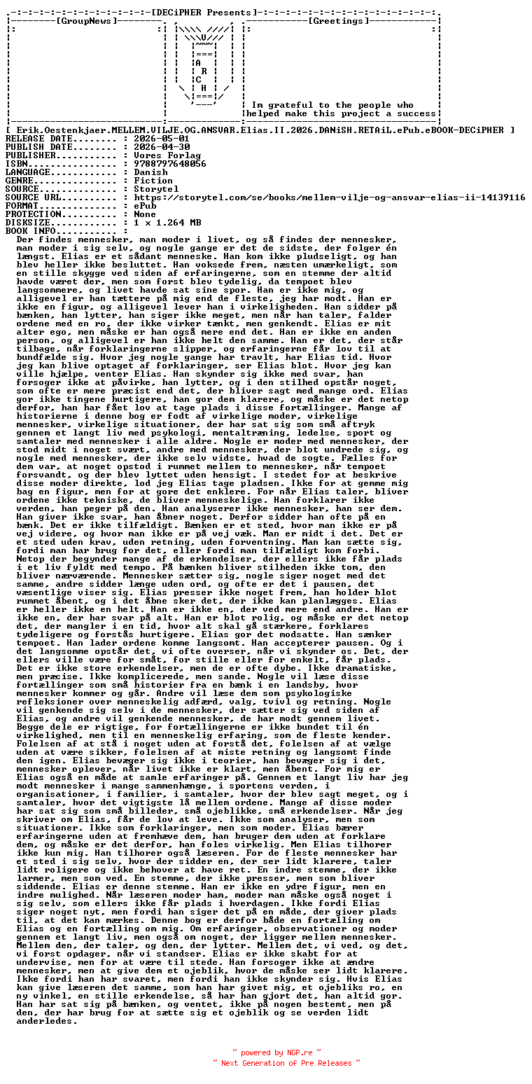 NFO for the release Erik.Oestenkjaer.Mellem.Vilje.Og.Ansvar.Elias.II.2026.DANiSH.RETAiL.ePub.eBOOK-DECiPHER by DECiPHER