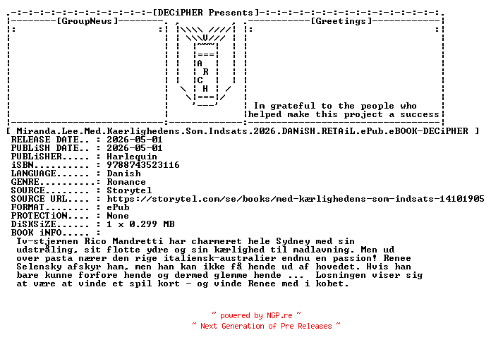 NFO for the release Miranda.Lee.Med.Kaerlighedens.Som.Indsats.2026.DANiSH.RETAiL.ePub.eBOOK-DECiPHER by DECiPHER
