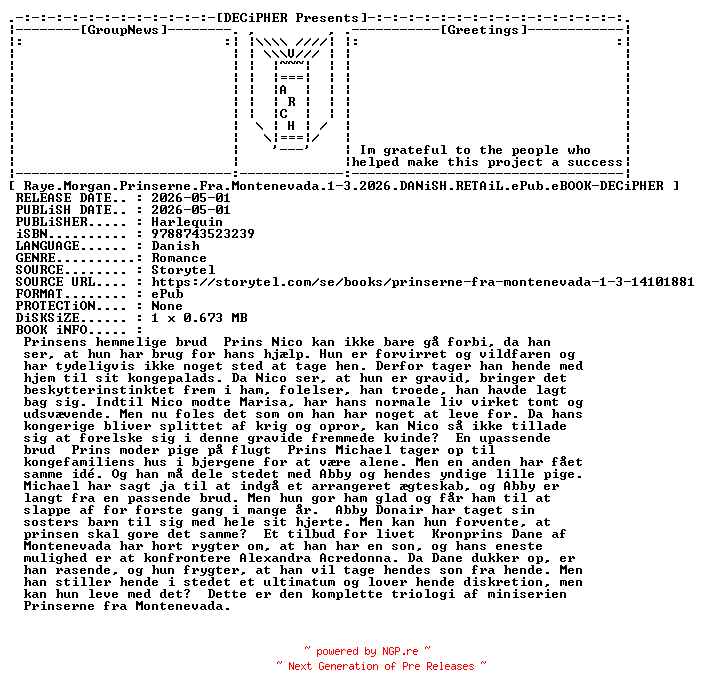 NFO for the release Raye.Morgan.Prinserne.Fra.Montenevada.1-3.2026.DANiSH.RETAiL.ePub.eBOOK-DECiPHER by DECiPHER