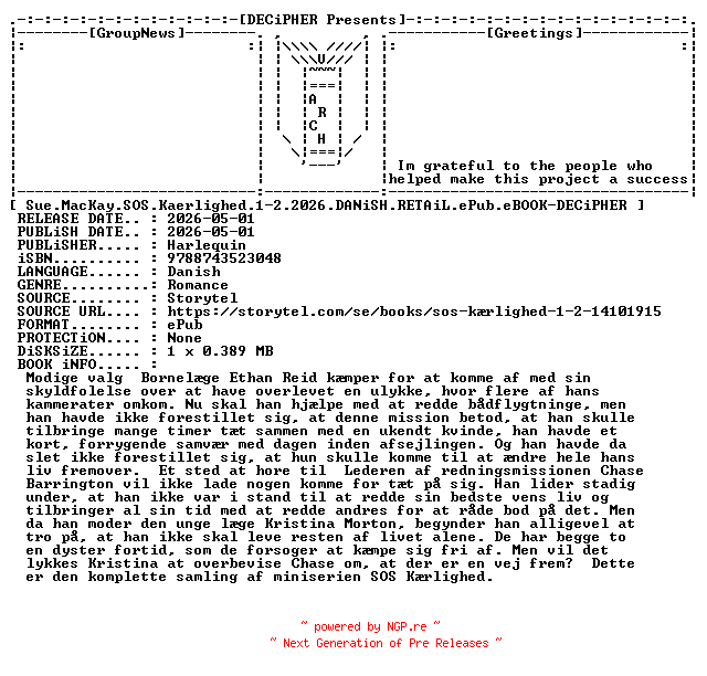 NFO for the release Sue.MacKay.SOS.Kaerlighed.1-2.2026.DANiSH.RETAiL.ePub.eBOOK-DECiPHER by DECiPHER