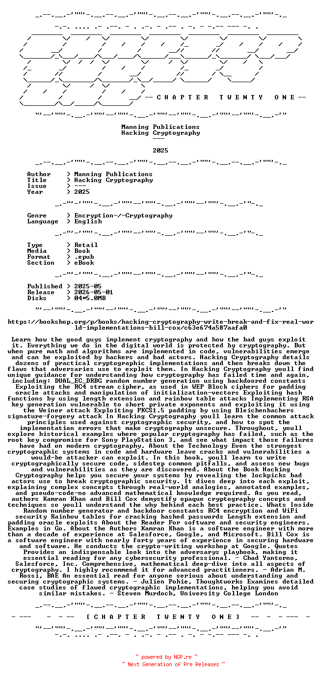 NFO for the release Manning.Publications.-.Hacking.Cryptography.2025.RETAIL.EPUB.eBook-CTO by CTO