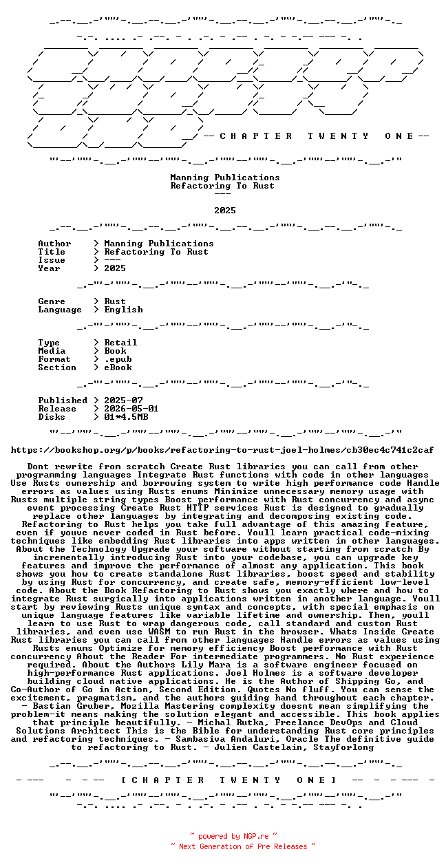 NFO for the release Manning.Publications.-.Refactoring.To.Rust.2025.RETAIL.EPUB.eBook-CTO by CTO