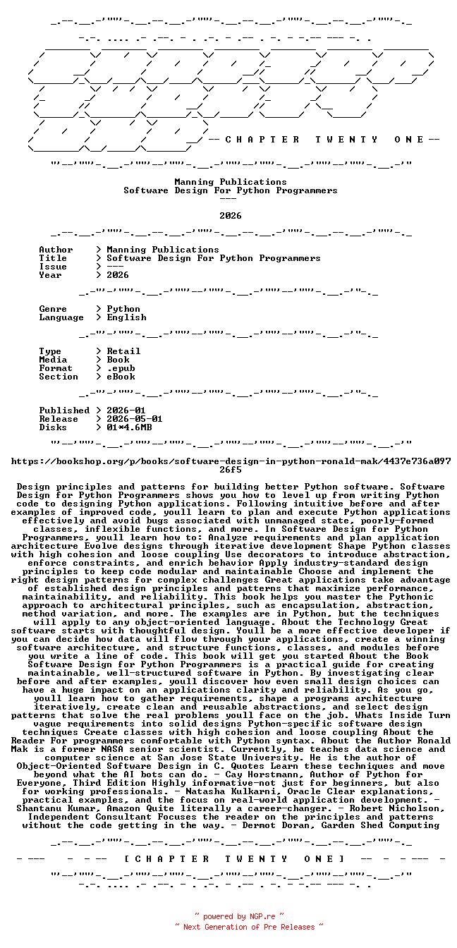 NFO for the release Manning.Publications.-.Software.Design.For.Python.Programmers.2026.RETAIL.EPUB.eBook-CTO by CTO
