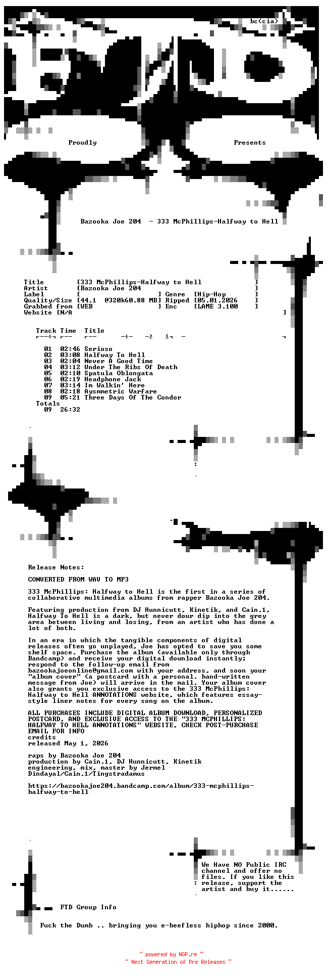 NFO for the release Bazooka_Joe_204-333_McPhillips-Halfway_to_Hell-WEB-2026-FTD by FTD