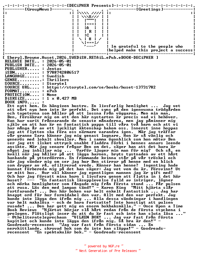 NFO for the release Sheryl.Browne.Huset.2026.SWEDiSH.RETAiL.ePub.eBOOK-DECiPHER by DECiPHER