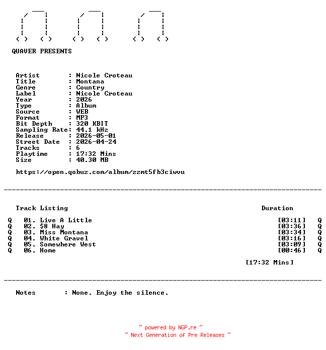 NFO for the release Nicole_Croteau-Montana-EP-WEB-2026-QUAVER by QUAVER