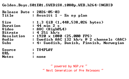 NFO for the release Golden.Boys.S01E01.SWEDiSH.1080p.WEB.h264-INGRID by INGRID