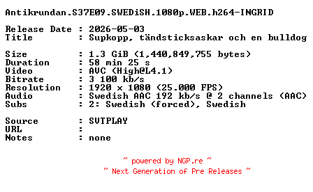 NFO for the release Antikrundan.S37E09.SWEDiSH.1080p.WEB.h264-INGRID by INGRID