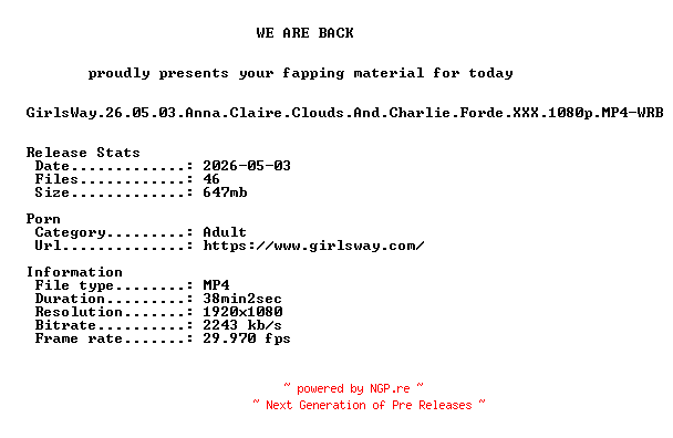 NFO for the release GirlsWay.26.05.03.Anna.Claire.Clouds.And.Charlie.Forde.XXX.1080p.MP4-WRB by WRB