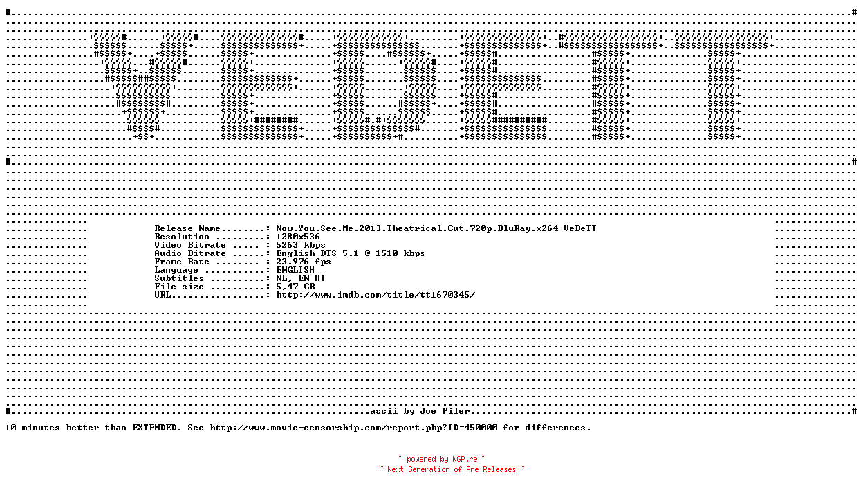 NFO for the release Now.You.See.Me.2013.Theatrical.Cut.720p.BluRay.x264-VeDeTT by VeDeTT