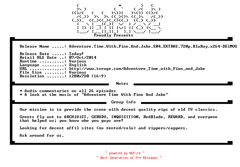 NFO for the release Adventure.Time.With.Finn.And.Jake.S04.EXTRAS.720p.BluRay.x264-DEiMOS by DEiMOS