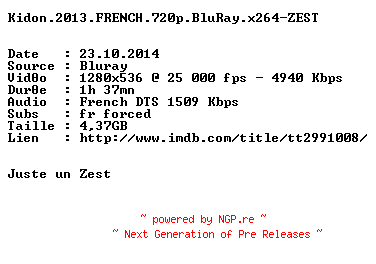 NFO for the release Kidon.2013.FRENCH.720p.BluRay.x264-ZEST by ZEST