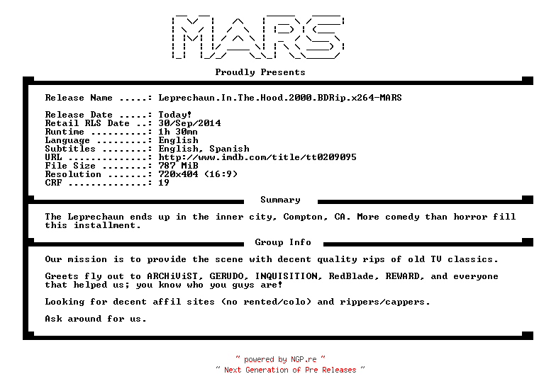 NFO for the release Leprechaun.In.The.Hood.2000.iNTERNAL.BDRip.x264-MARS by MARS